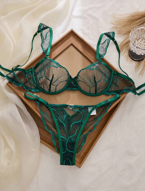 SHEIN 2 Piece Women's Embroidered Sheer Black Bra Lingerie Set, Wire-Free and Unpadded