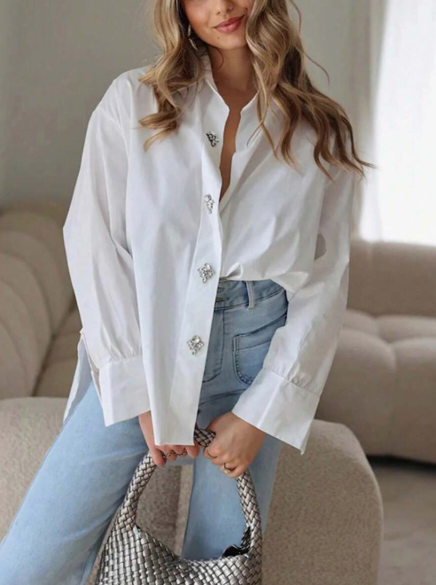 Elegant, loose-fitting, solid-color polyester white shirt with front buttons and rhinestone embellishments, suitable for autumn and spring holidays