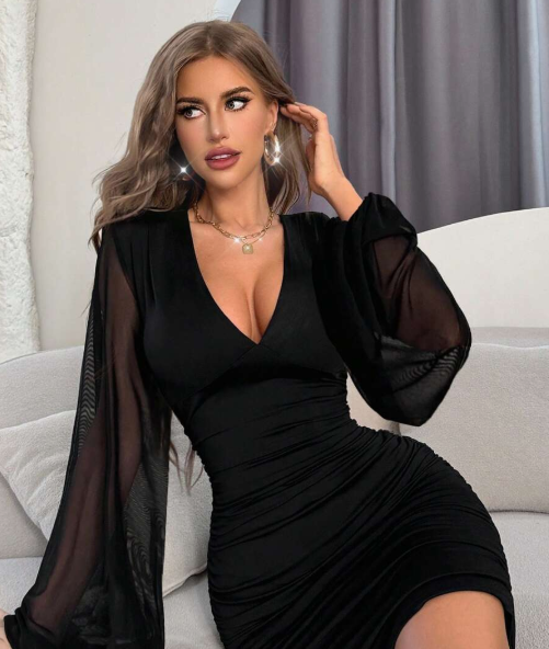 Elegant black fitted dress with deep V-neck, petal mesh sleeves and draping for women