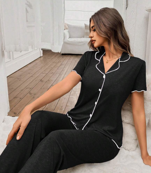SHEIN Women's Pajama Set with Classic Simple Short Sleeve V-Neck Top and Pants, Casual Loungewear, Fine Knit Fabric