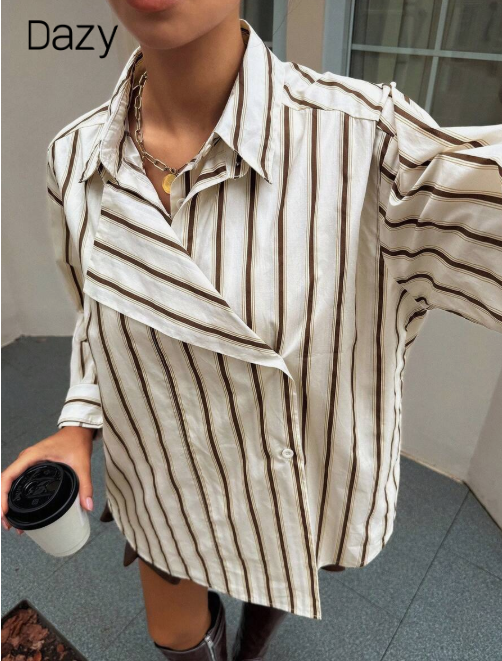 DAZY Women's Casual Striped Loose Shirt, 2-in-1 Long Sleeve Top