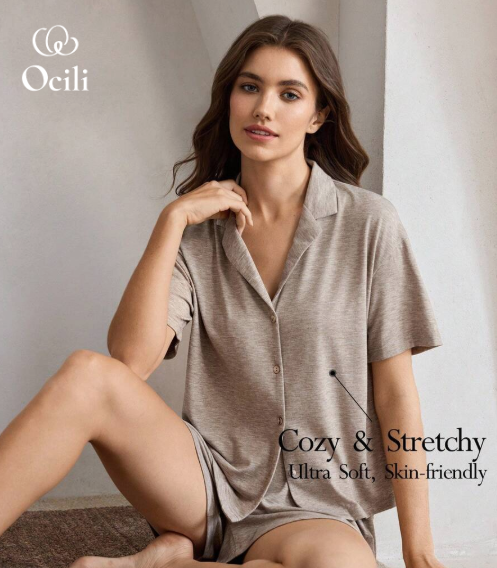 Ocili Women's Short Sleeve Pajama Set, Soft, Gray Floral Print, for Holiday Season