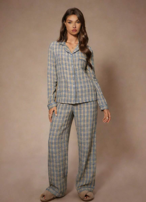SHEIN Pajama Set with Long Sleeve Plaid Collar Lapel Top and Long Pants, Comfortable and Stylish Details, Autumn and Winter Clothing