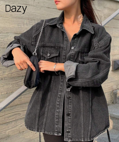 DAZY Women's Casual Loose Fit Jeans, Distressed Wash, Slit Hem, Autumn Clothing, Women's Long Sleeve Denim Jacket