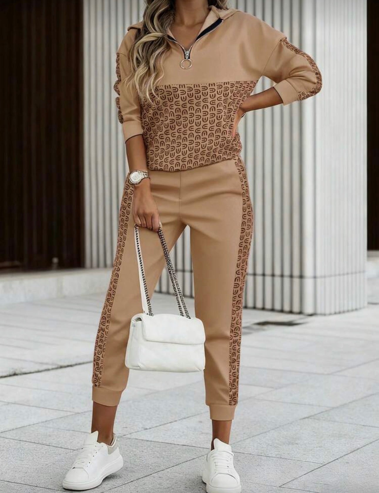 Women's New 2-Piece Set, American Casual Zipper Top + Pants Set, Print Versatile Long Sleeve Top And Long Pants Set Elegant