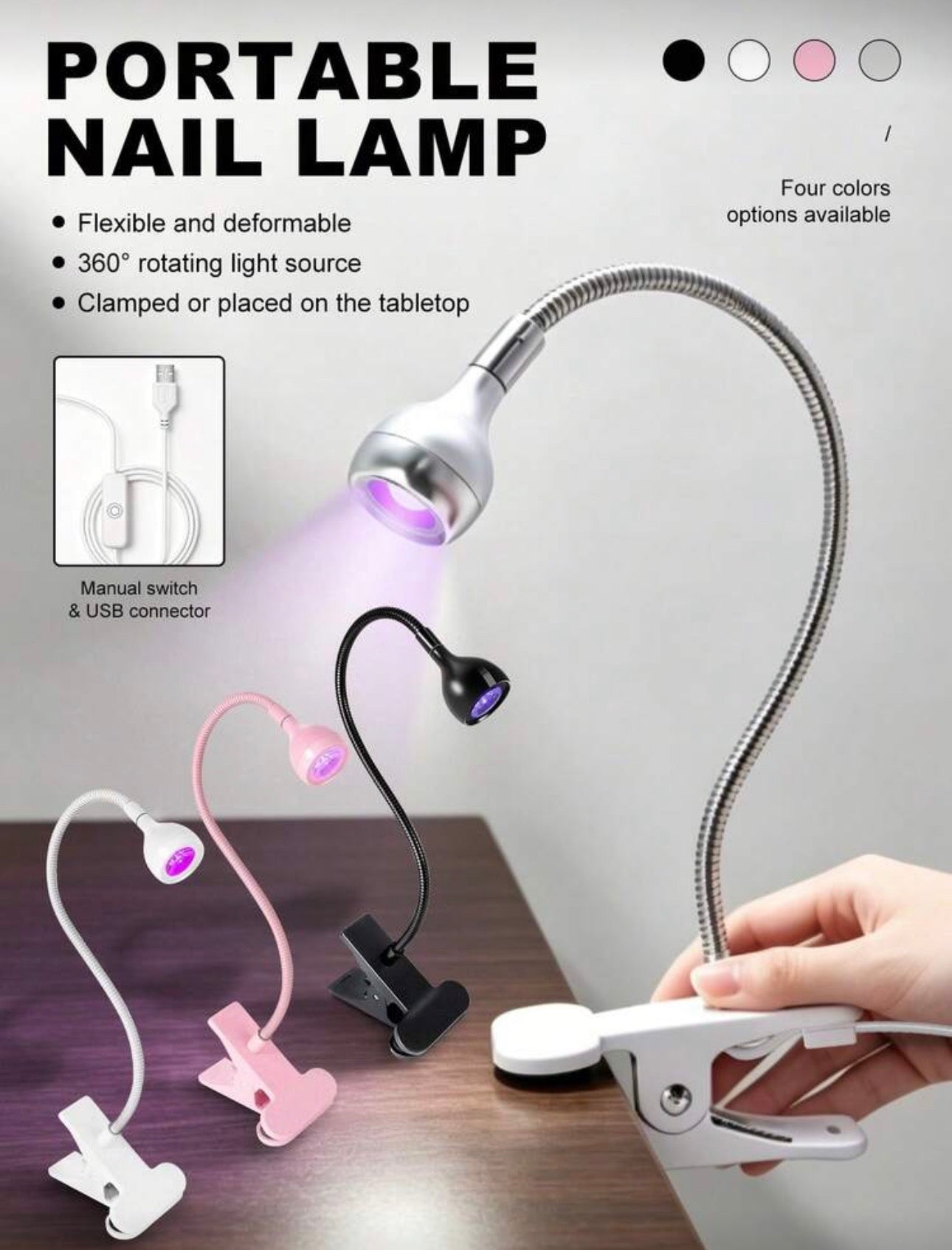 LIMEGIRL 1pc LED UV Nail Lamp, For Curing Gel Nail Polish, Clip-On Flexible Desk-Top Mini USB Nail Lamp, Portable Nail Dryer, Nail Salon Tool, Small Nail Lamp With Clip, Bendable, Highly Flexible, USB Powered, One-Touch Start