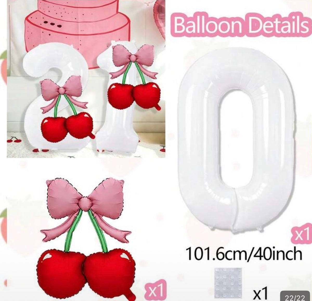 Cherry Decor Number Balloons 0-9, Cream White Number Foil Balloons With Cherry Stickers DIY, Suitable For Cherry Theme Birthday Party, Anniversary, Engagement, Wedding, Shower, Gender Reveal, Birthday Ceremony Room Decor, Photography Props
