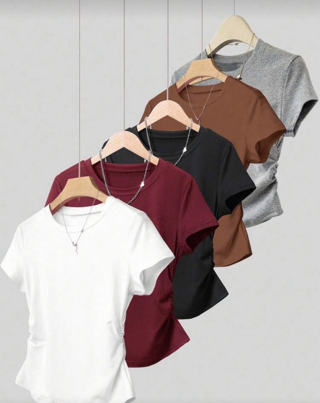 Resyla 5pcs/Set Women's Casual Waist Ruched Short Sleeve T-Shirts, Summer Design For Any Occasion,White And Brown,Burgundy,Black,Gray,Outdoor Wear