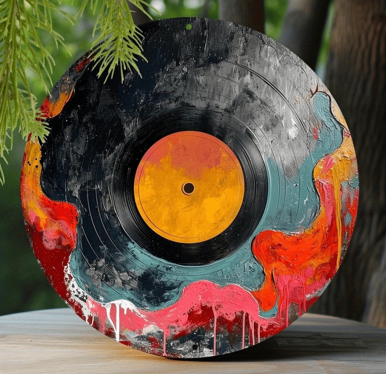 1pc Black Vinyl Record Themed Metal Wall Art, 8-Inch Round Metal Decorative Plaque, High-Definition Printing, Weather-Resistant, Pre-Drilled Holes, No Electricity Required, Suitable For Home Entryway And Thanksgiving Decor, Random Style