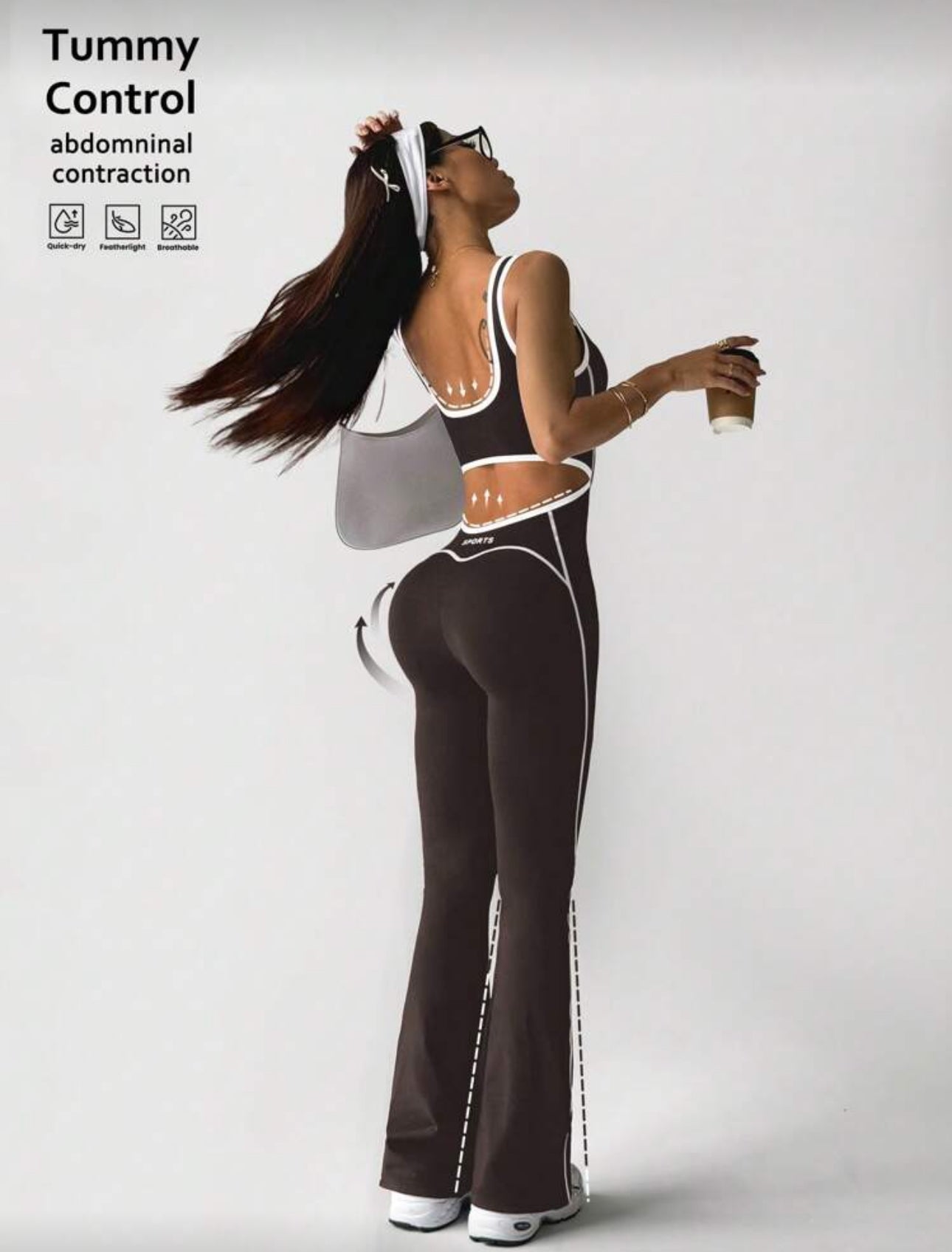 Dewbera Dewbera Color-Blocked Back Slogan Print Flared Hem Sports Jumpsuit Y2k Workout Twilight Brown Set Brown Bodysuit Pink Bodysuit.