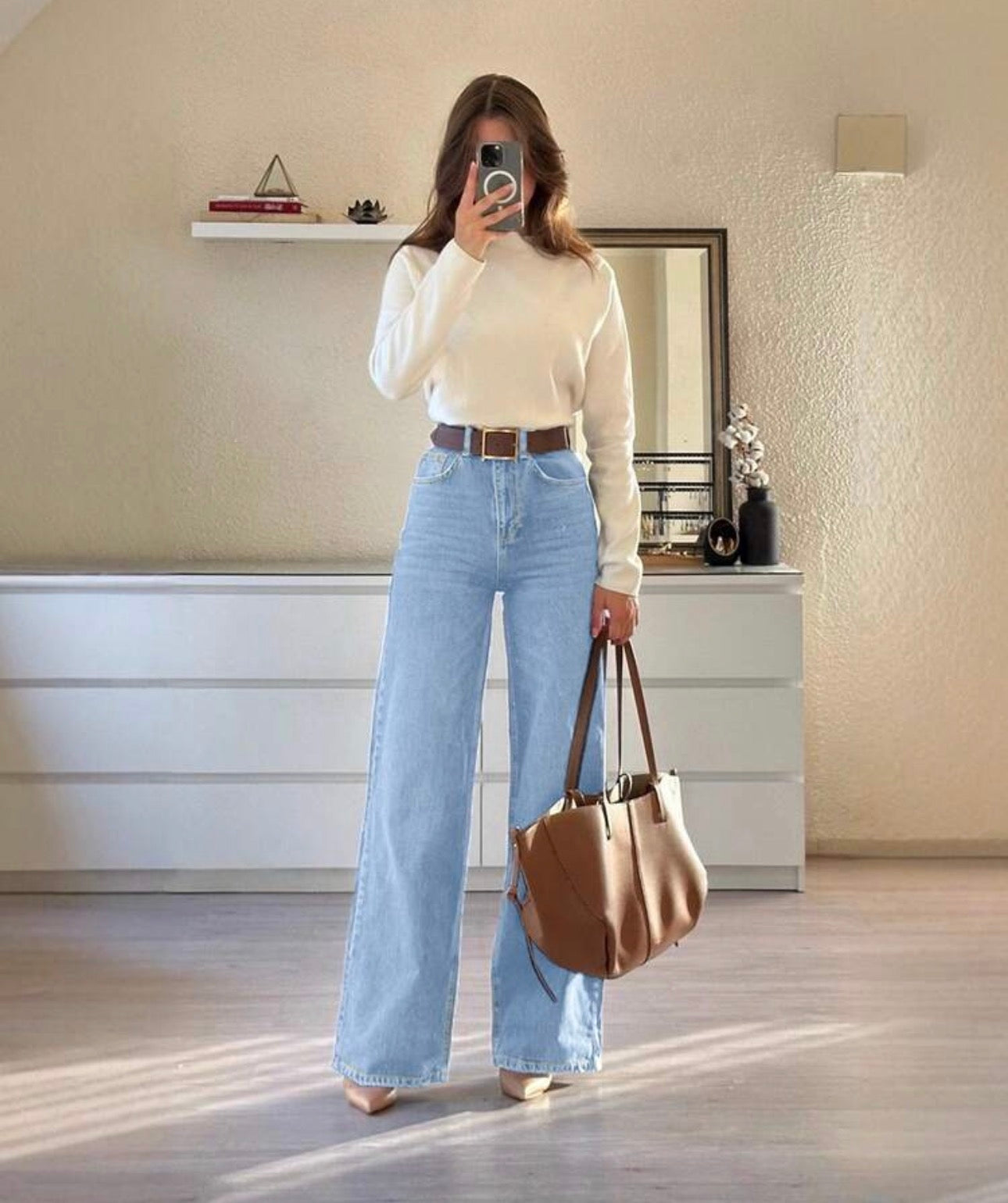 New Fashion Women's Light Blue Loose Wide Leg Casual Washed Denim Jeans Fall