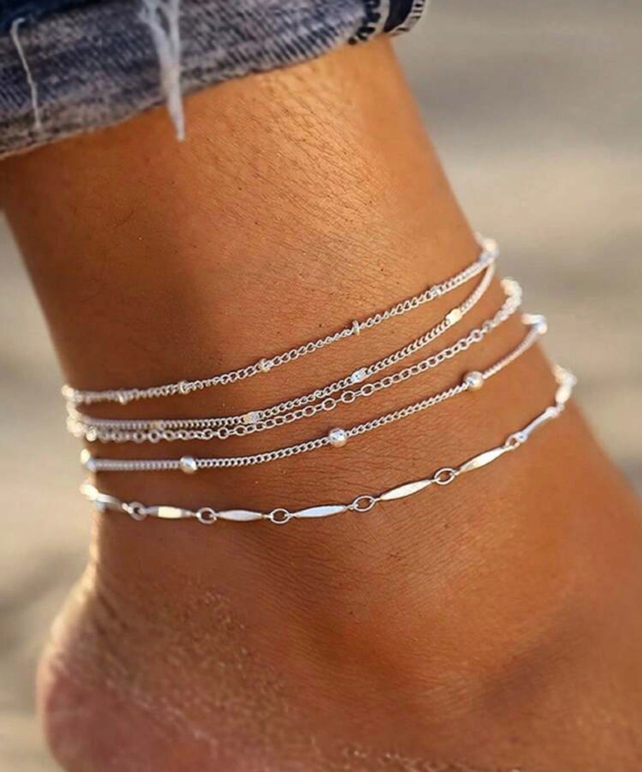 5pcs/Set Simple Stacking Beaded Anklet For Women's Elegant Foot Jewelry, Suitable For Beach Party