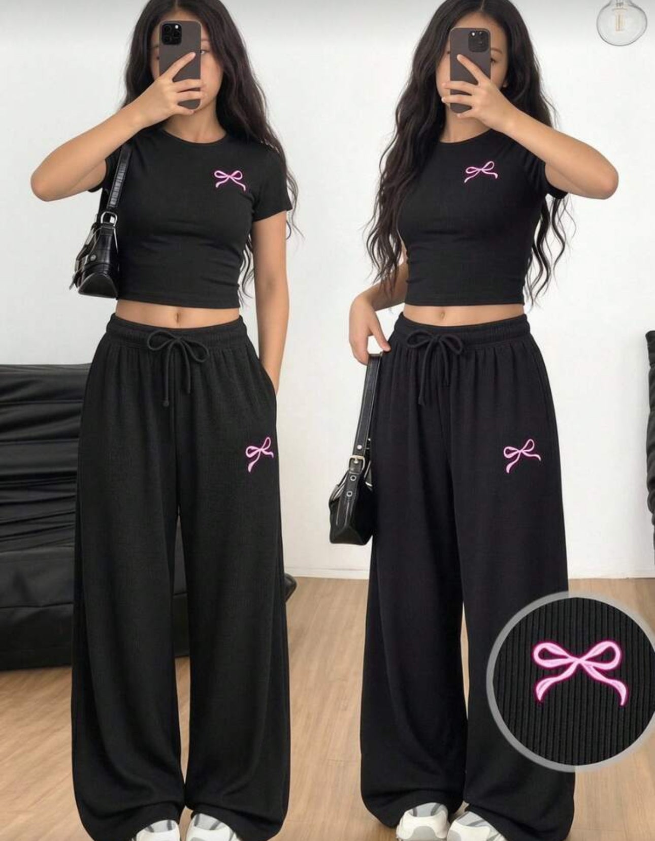SHEIN Kids Tween Girl Knitted Black And Pink Bow Print Pattern T-Shirt And Long Pants Set, Spring/Summer, Back To School Season