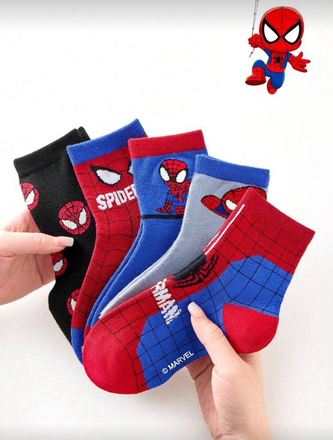 Marvel 5 Pairs Kids Superhero Series Socks, Girls Korean Style Cartoon Mid-Calf Socks, Boys Autumn/Winter Cartoon Socks