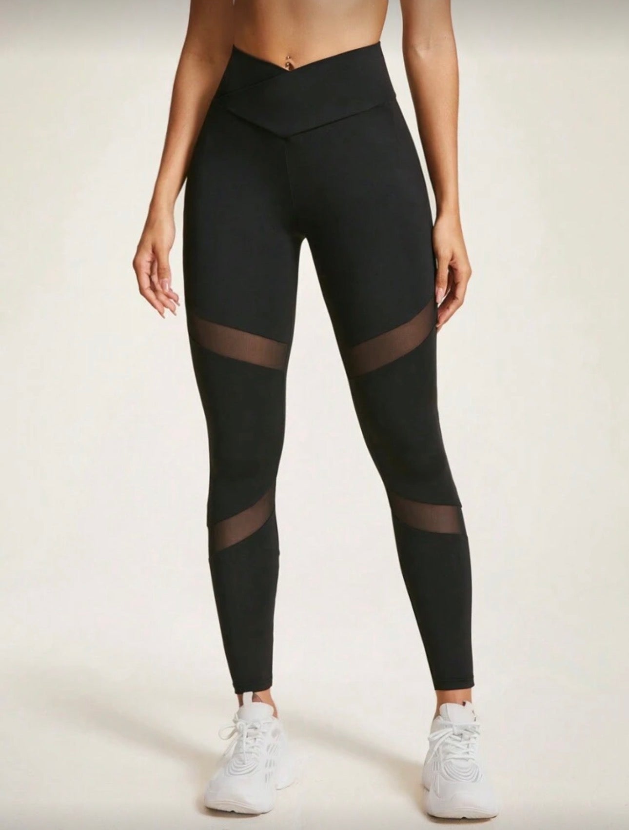 SHEIN Sports Cross Waist Mesh Contrast Yoga Leggings