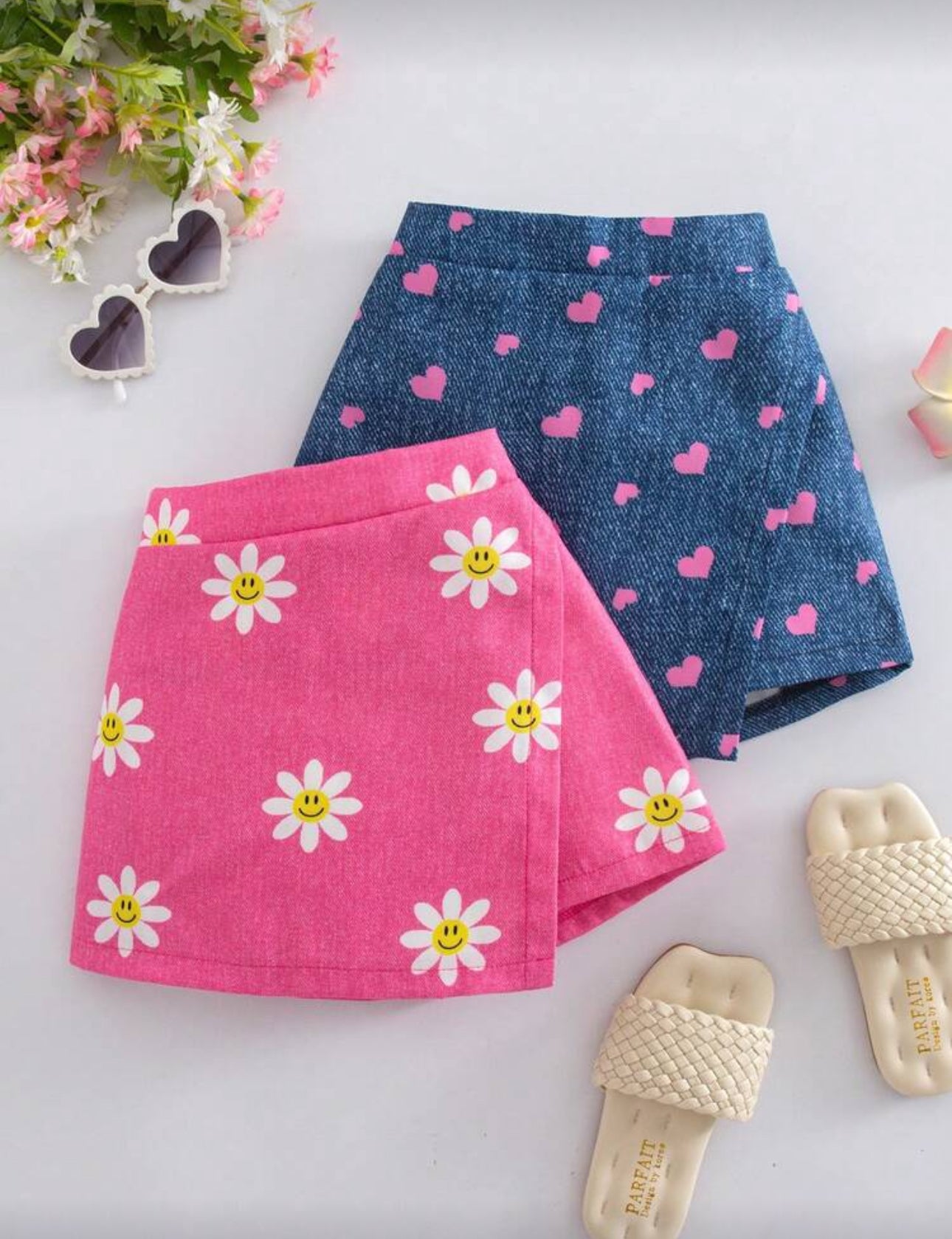 SHEIN Elladie kids 2pcs/Set Young Girl' Vibrant Holiday Sunflower, Heart, Face Denim Effect Print Asymmetrical Shorts, Blue & Pink Combo, Suitable For Summer Outings