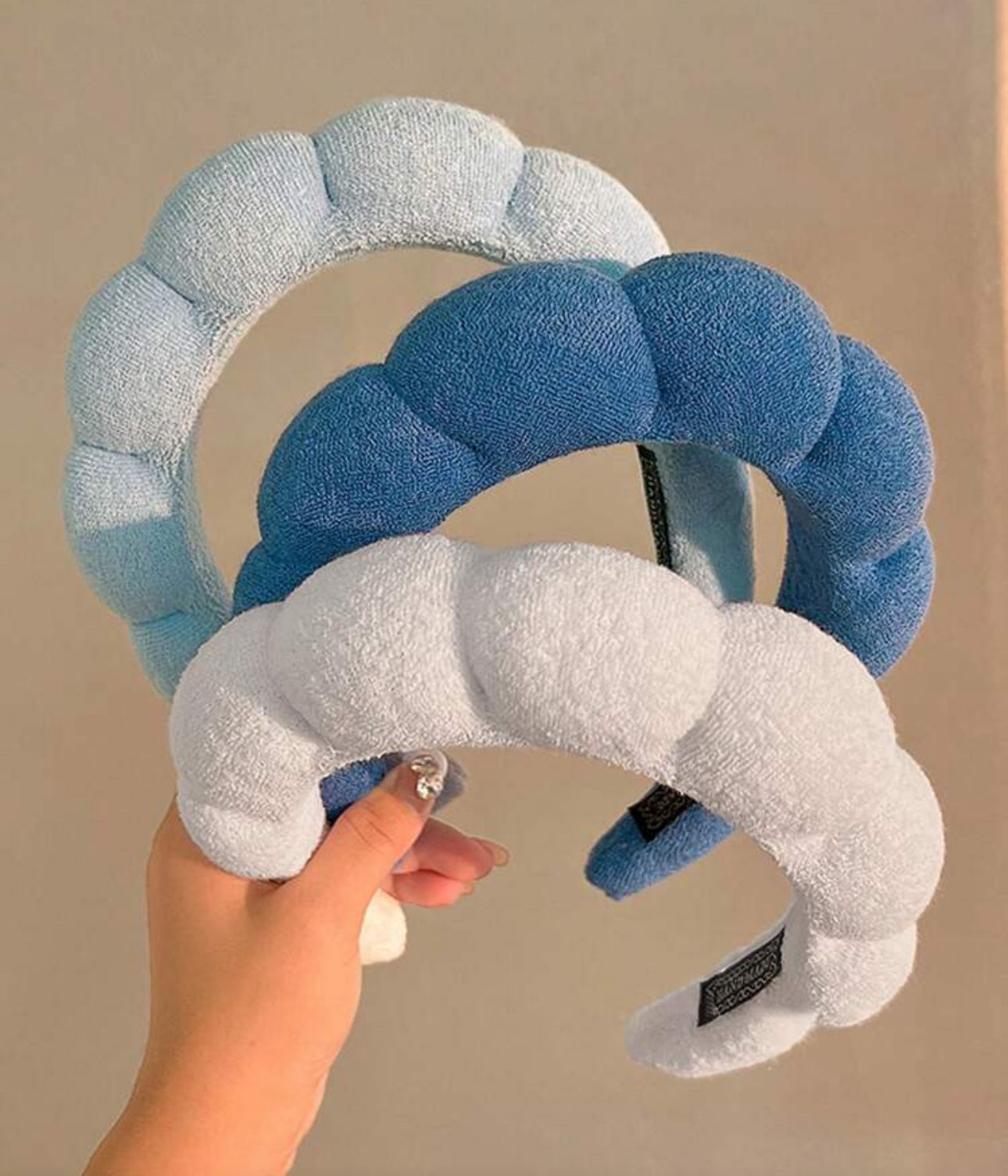 3Pcs Thick Puffy Spa Headband, Soft Fuzzy Terry Cloth Cloud Hairband For Washing Face, Makeup & Skincare, Light Blue White Navy Blue Hair Hoop
