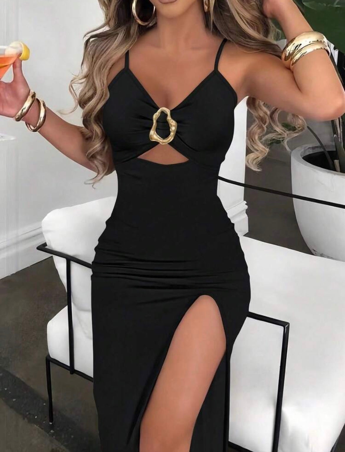 Silhoulove Sexy Bodycon Front Ruched Metal Button High Slit Spaghetti Strap Long Dress, Elegant Holiday Ladies Dress