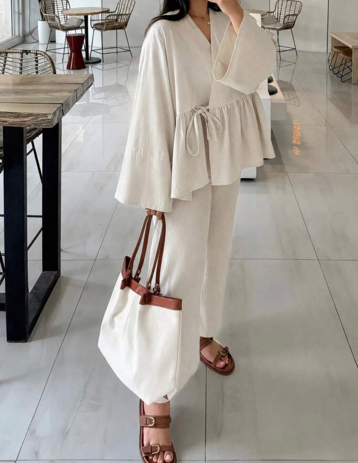 Women's Casual Loose 2 Pieces Set, V-Neck Long Sleeve Top And Wide Leg Pants White Spring, Effortlessly Chic Fall