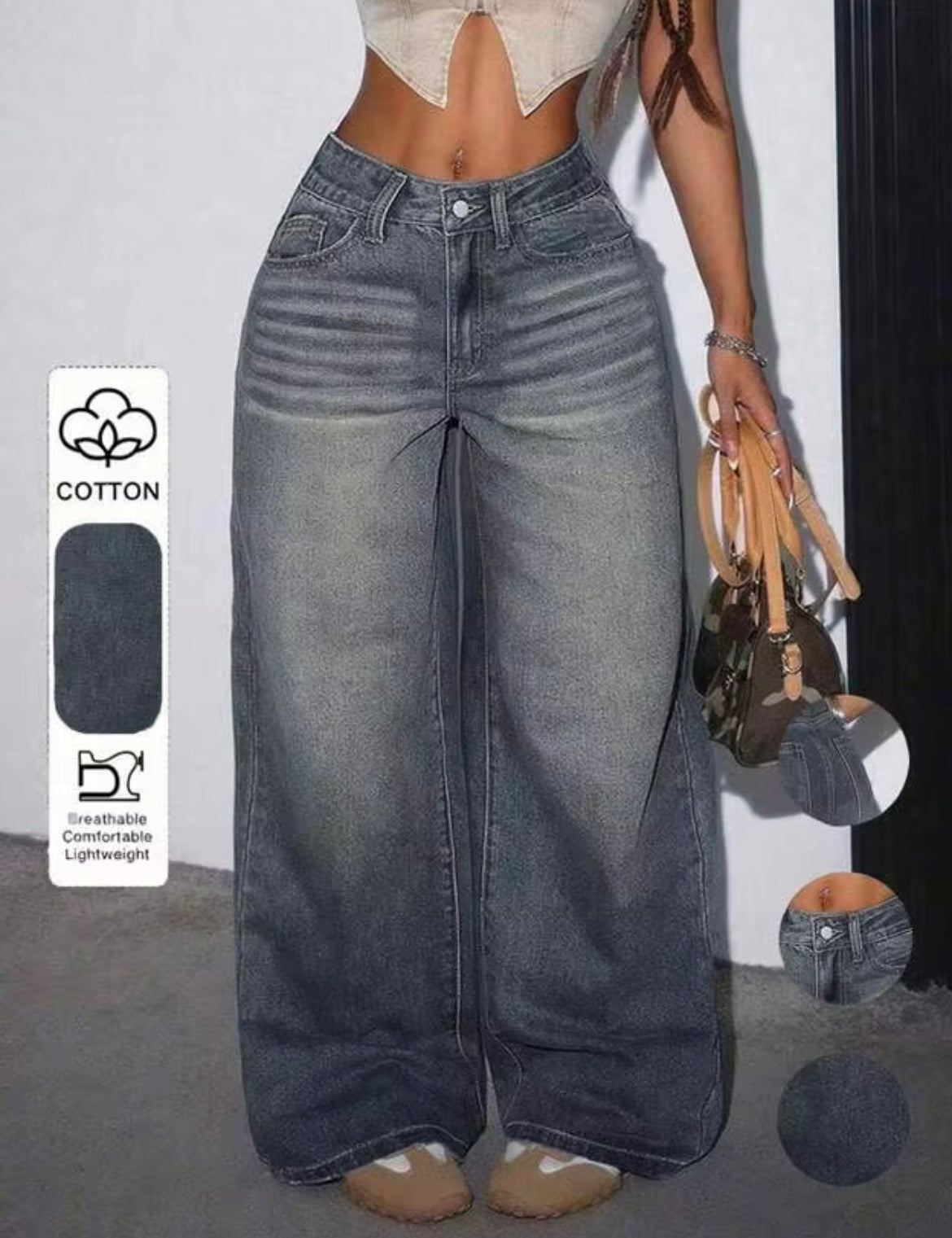 90% Cotton, Women's Casual Loose Straight Leg Jeans With Pockets Fall