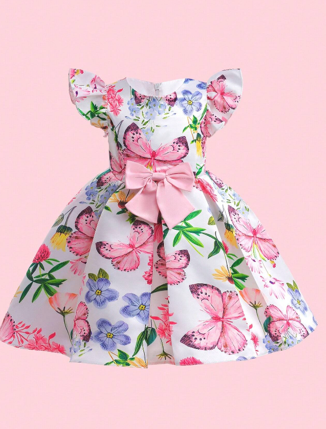 Toddler Girls Floral Print Ruffle Trim Bow Front Gown Dress