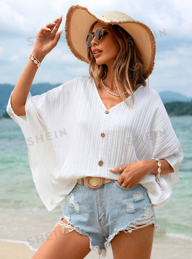 SHEIN VCAY Ladies' Loose Texture Shirt Summer Beach