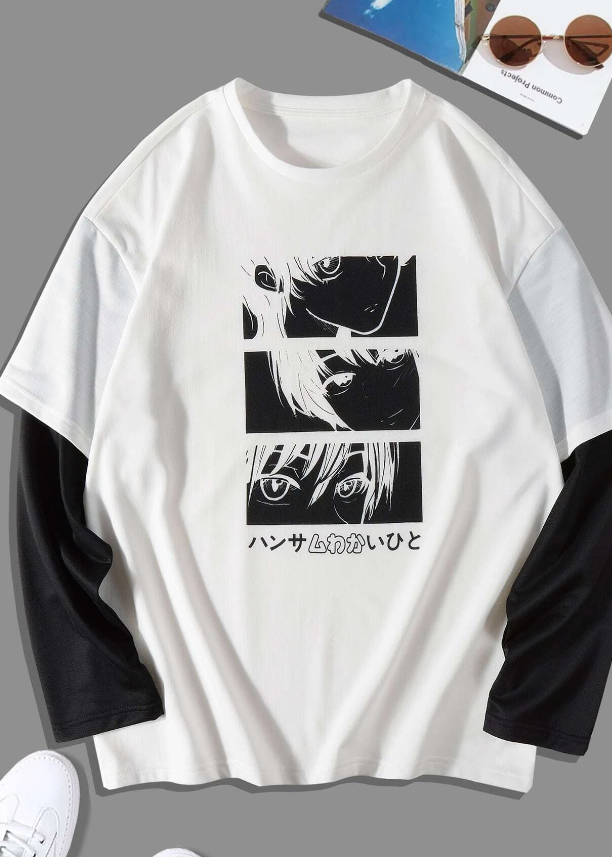 Manfinity Hypemode Men T-Shirts Baggy Crew Neck Drop Shoulder Long Sleeve Graphic Tee Skater Japanese Fashion Spring Knit Top