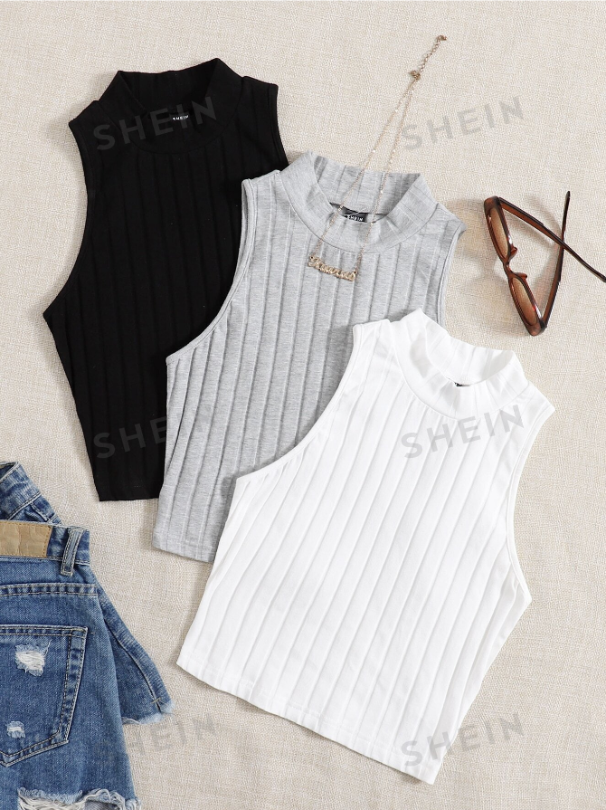 SHEIN EZwear Three Piece Ribbed High Neck Summer Bodysuit, Sleeveless Top