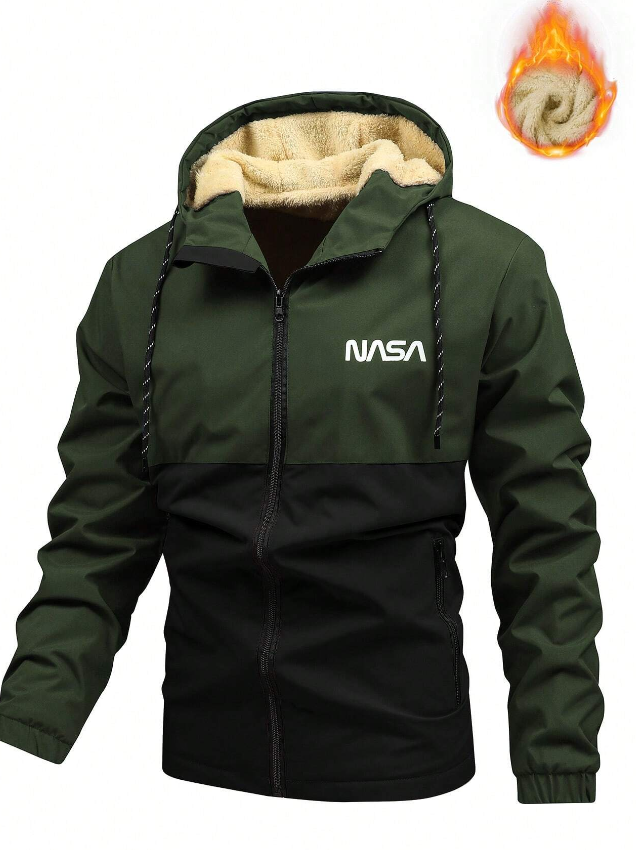 Manfinity Homme Men's Color Block Letter Printed Hooded Fleece Jacket With Drawstring