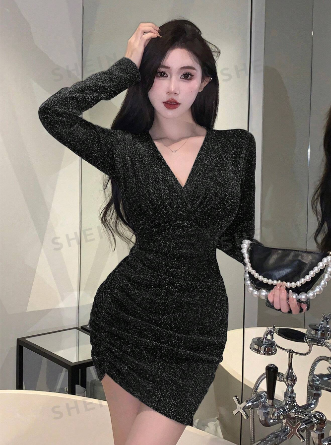DAZY Women's Pleated Shiny Bodycon Dress