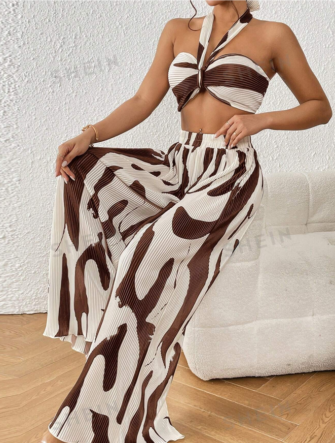 SHEIN Privé Allover Print Halter Top & Wide Leg Pants