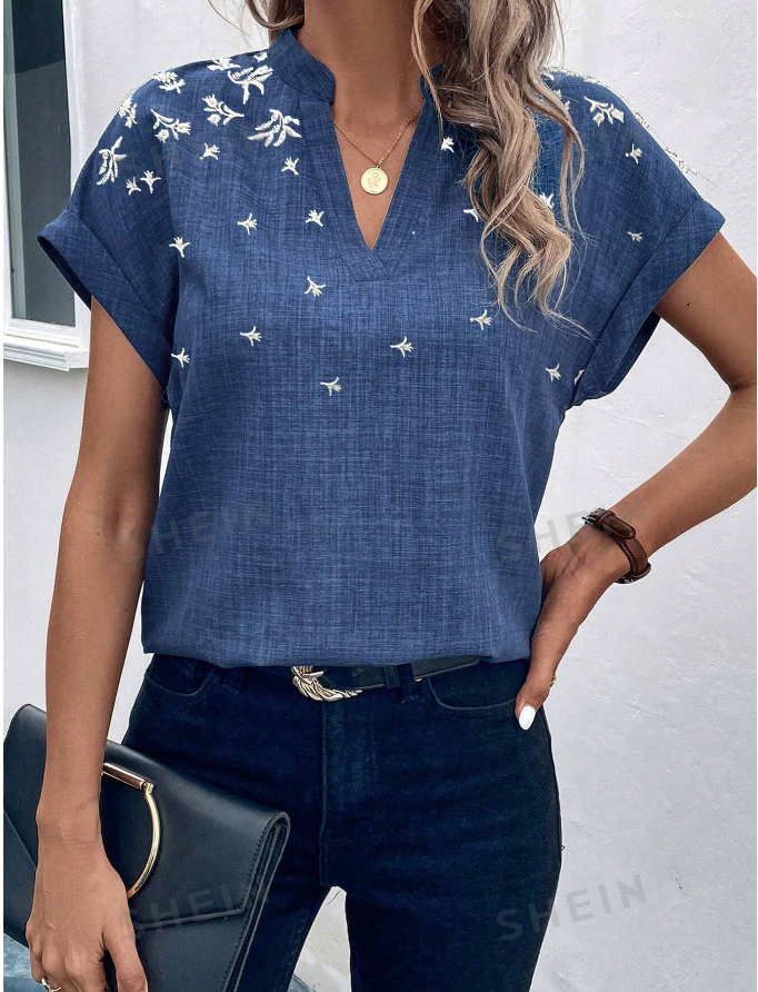 SHEIN LUNE Women's Notched Collar Batwing Short Sleeve Blouse