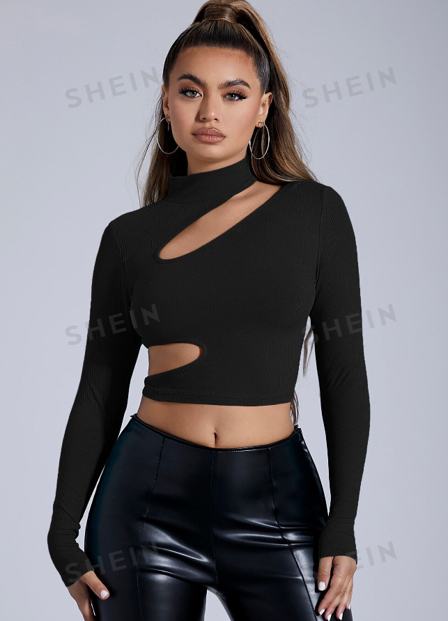 SHEIN SXY Stand Collar Cutout Crop Tee
