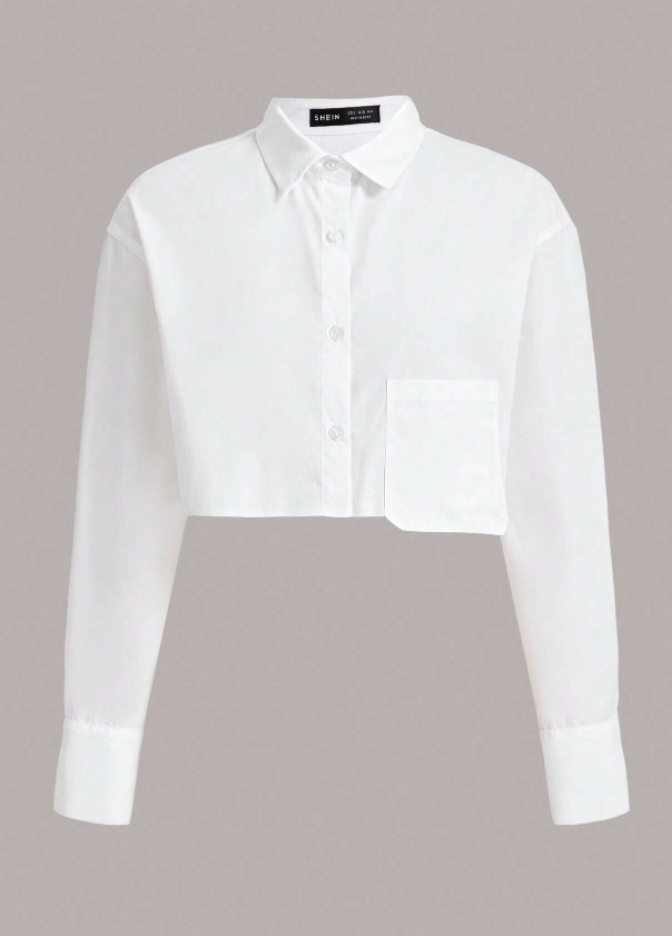 SHEIN EZwear Solid Button Front Pocket Patched Crop Shirt,Long Sleeve Top