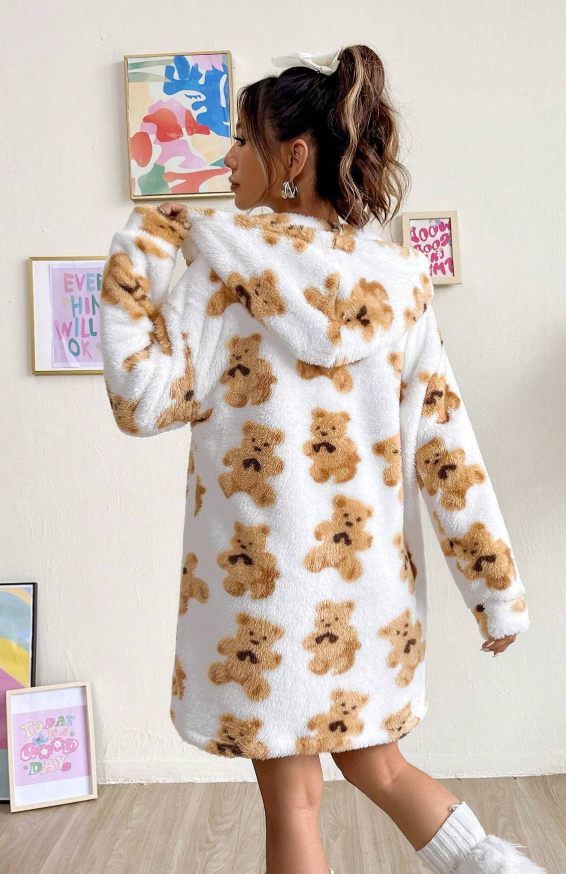 SHEIN EZwear Bear Pattern Drop Shoulder Hooded Teddy Coat & Shorts