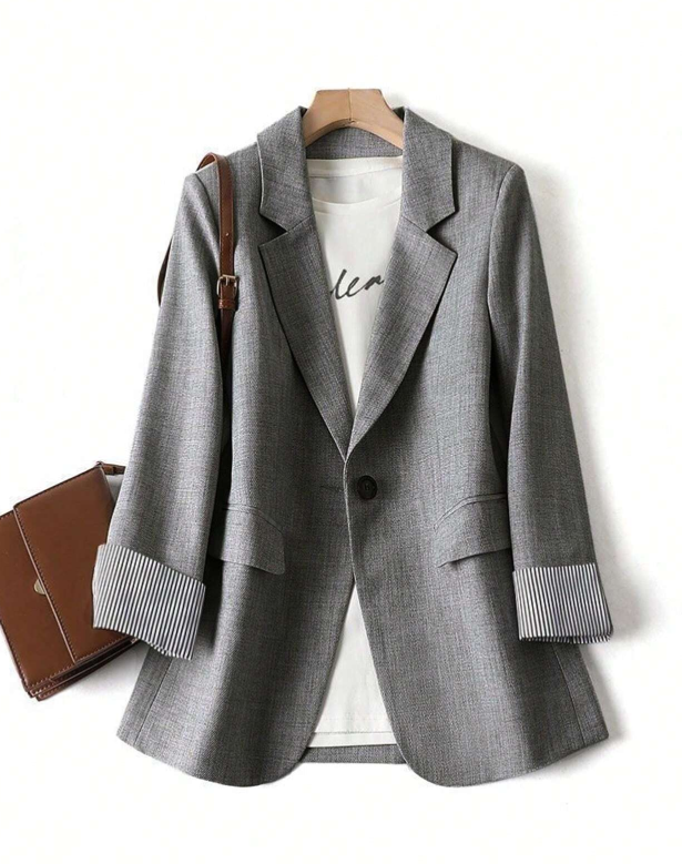 SHEIN LUNE Gray Striped Lapel Collar Long Sleeve Women's Blazer Jacket