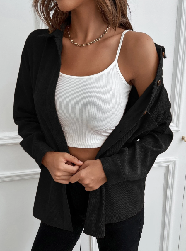 SHEIN LUNE 1pc Solid Button Up Corduroy Shirt,Long Sleeve Tops