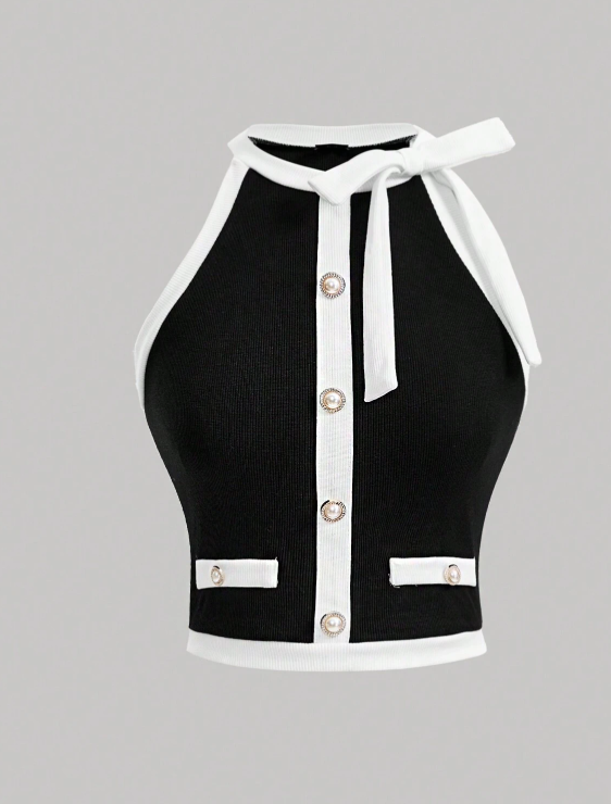 SHEIN MOD Black And White Patchwork Sleeveless Women's Round Neck With Bow Button