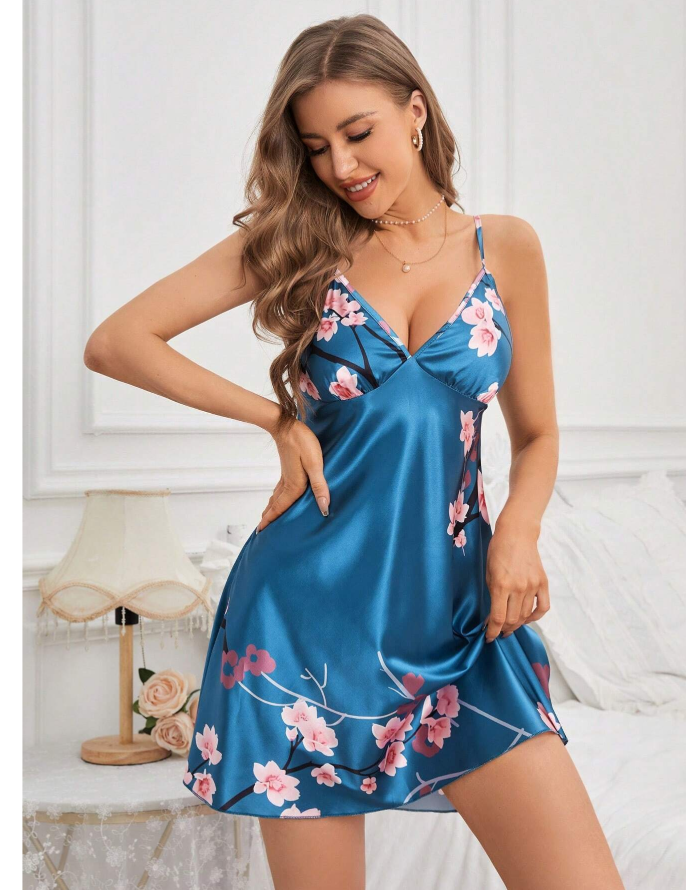 Women's Floral Printed Satin Camisole Pajama Night Dress