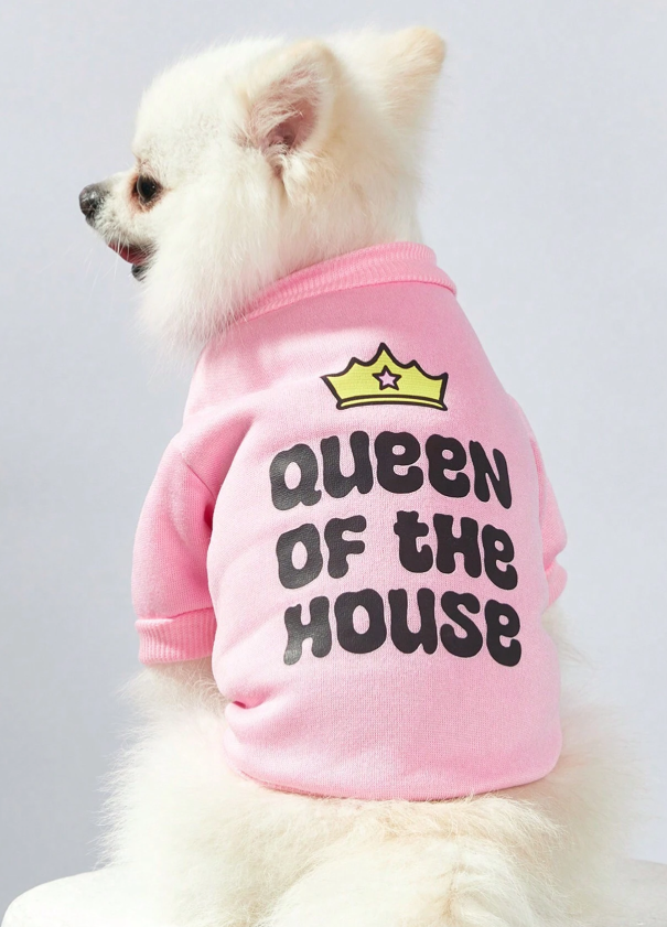 Debiesn Artist Girlcore 1pc Pink Cute Cartoon Pet Print Sweatshirt With Queen Crown & Letter Prin