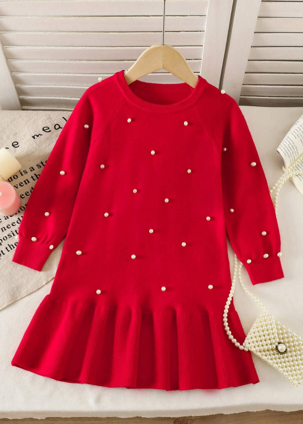 HEIN Young Girl Red Pearl Beaded Mermaid Style Sweater Dress Exuding Noble Elegance