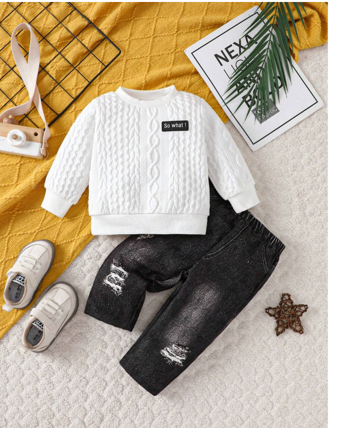 Baby Boys' Patch Detail Shirt & Denim Effect Pants Outfits