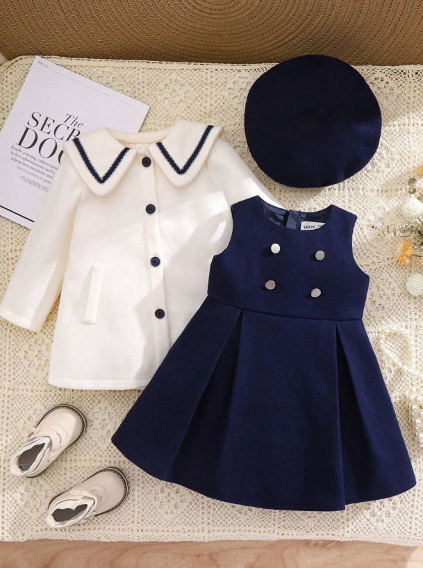 SHEIN 2pcs Baby Girl's Collegiate Style Adorable Woolen Sleeveless Dress & Long Cardigan Set