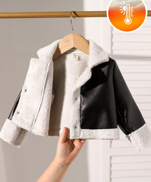 SHEIN Baby Girl Winter Casual Colorblock Plush Hooded Jacket