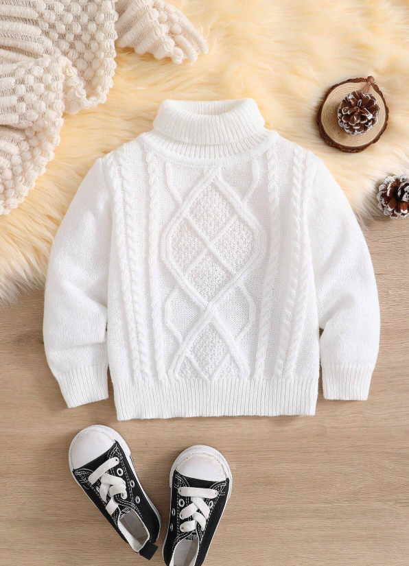 SHEIN Baby Boy High Collar Vintage Textured Intarsia Warm Cozy Classic College Style Loose Knit
