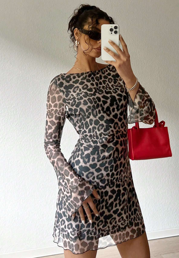 SHEIN EZwear Women's Summer Sexy Leopard Print Backless Mesh Dress With Flare Sleeves