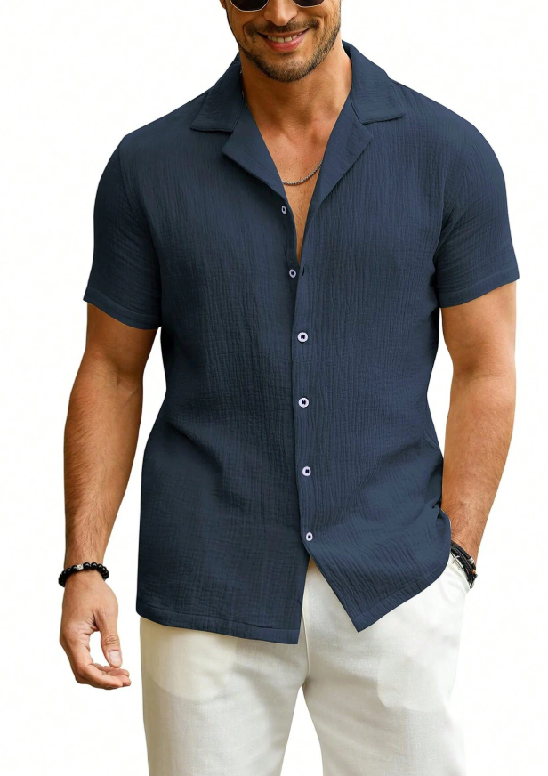 Men's Slim-Fit Guayabera Button-Down Short Sleeve Casual Shirt, Suitable For Summer Wedding And Beach