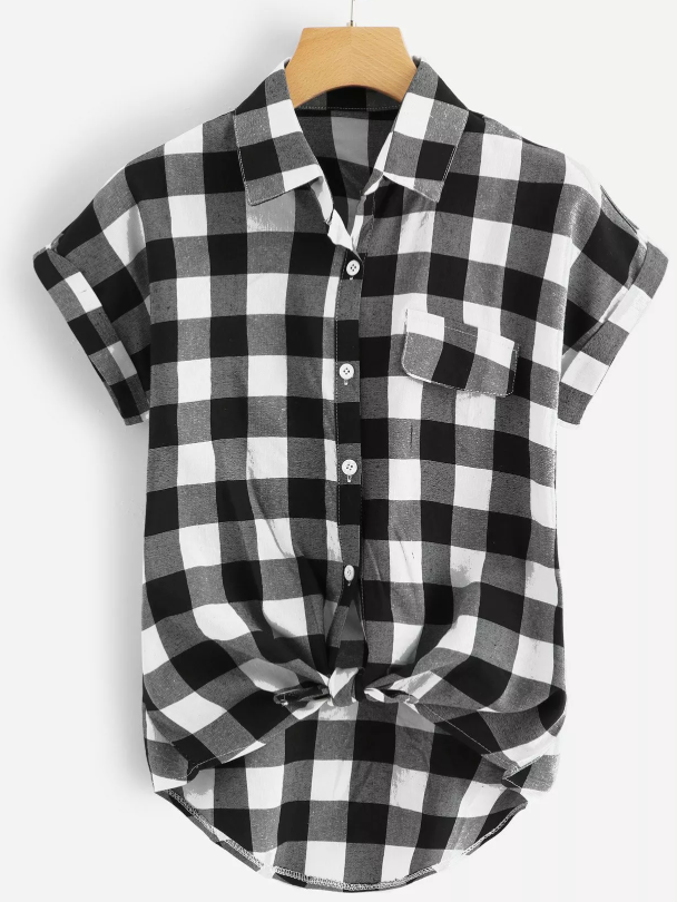 SHEIN LUNE Buffalo Plaid Rolled Cuff Knot Hem Shirt