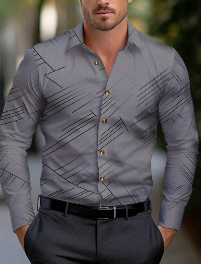 Manfinity Mode Men's Striped Printed Button-Front Long Sleeve Shirt