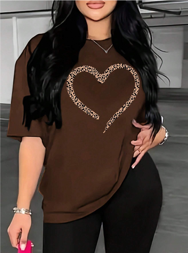 SHEIN VaVaLuxe Women's Leopard Printed Oversized Drop Shoulder T-Shirt With Heart Graphics